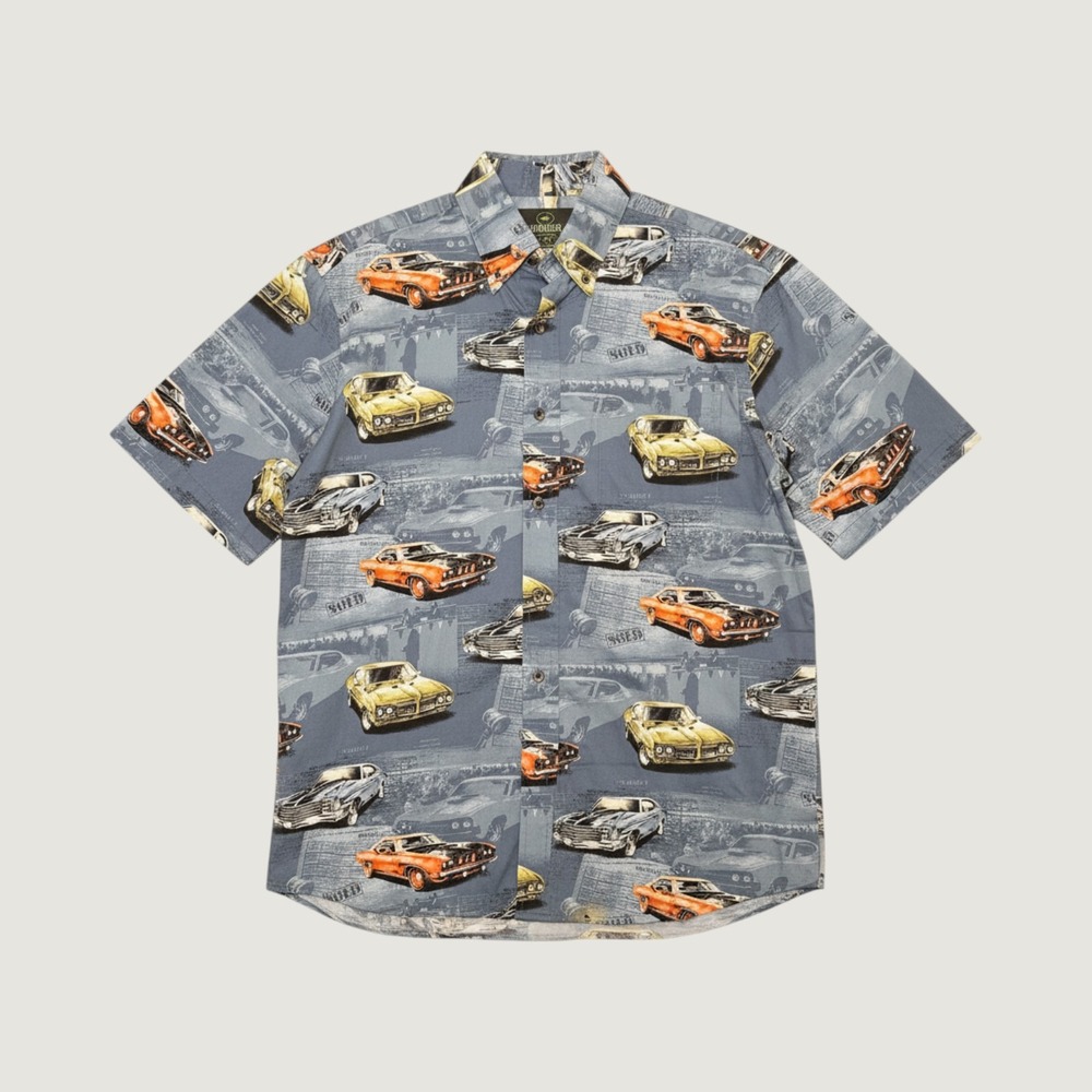 RedHead Mens Muscle Car Novelty Print‎ Button Down Shirt Blue Large 100% Cotton